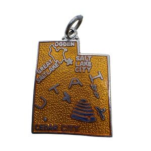 Vintage Utah State Map Enamel Charm Silver Tone Souvenir Beehive State Japan